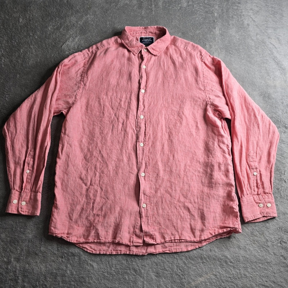 Charles Tyrwhitt Button Up Shirt Mens Large Salmon 100% Linen Long Sleeve